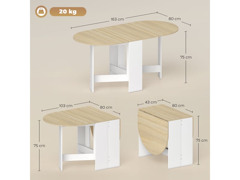  Table de cuisine pliante ovale à abattants, style moderne, 163 x 80 x 75 cm, couleur naturelle  - Conforama E