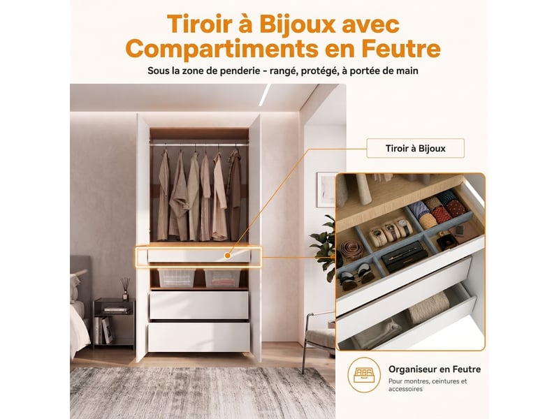  Vestiaire d'entrée avec éclairage led et tiroir à bijoux, mdf chêne, 200 cm  - Conforama R