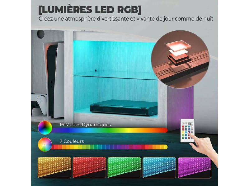  Meuble tv avec éclairage led pour télévision jusqu'à 70 pouces, blanc, 160cm avec étagères en verre réglables  - Conforama A
