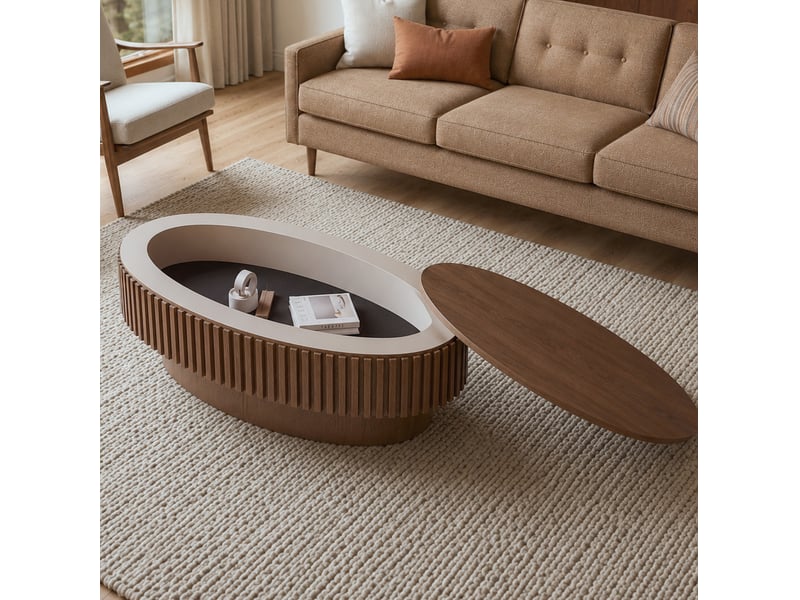  Table basse ovale 105x25x67 cm avec rangement caché, bois et mdf, coloris noyer  - Conforama B