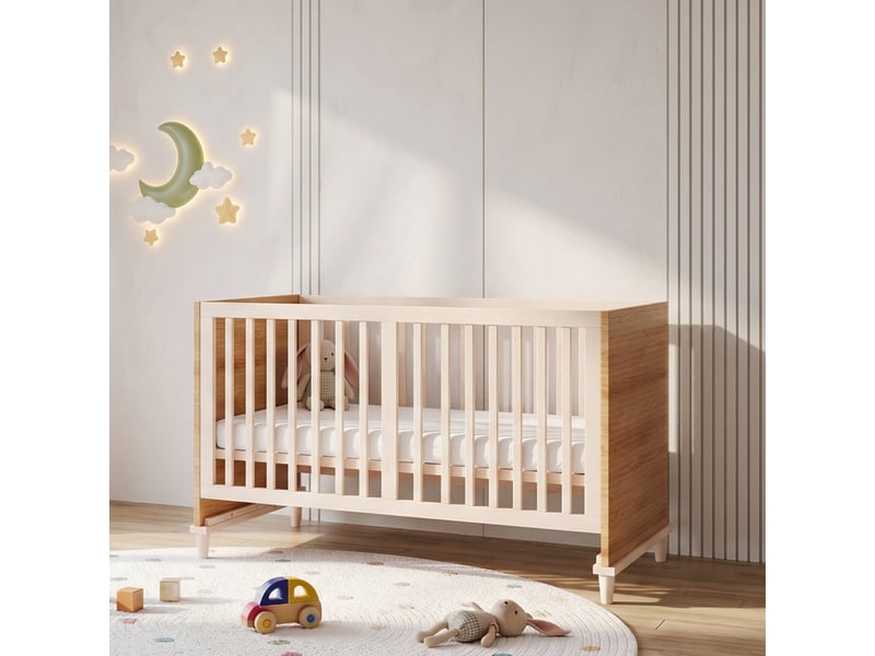  Lit bébé en bois naturel 70x140 cm, réglable en hauteur 5 niveaux, bois massif et mdf  - Conforama D