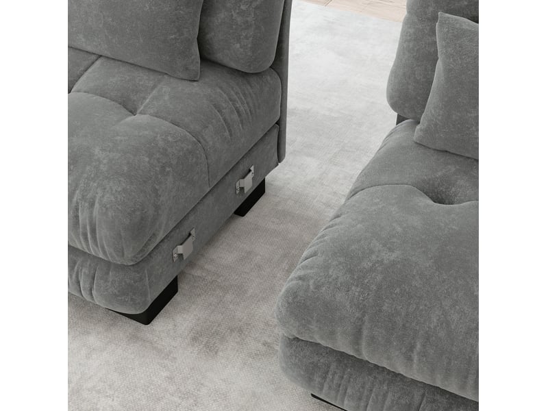  Canapé d’angle modulable 220x145x81 cm, grands accoudoirs et pouf, 2 coussins décoratifs, chenille gris  - Conforama D