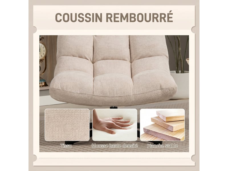  Fauteuil salon sans accoudoirs, chaise pivotante en tissu chenille, 75 x 95 x 90 cm, assise large, crème  - Conforama E