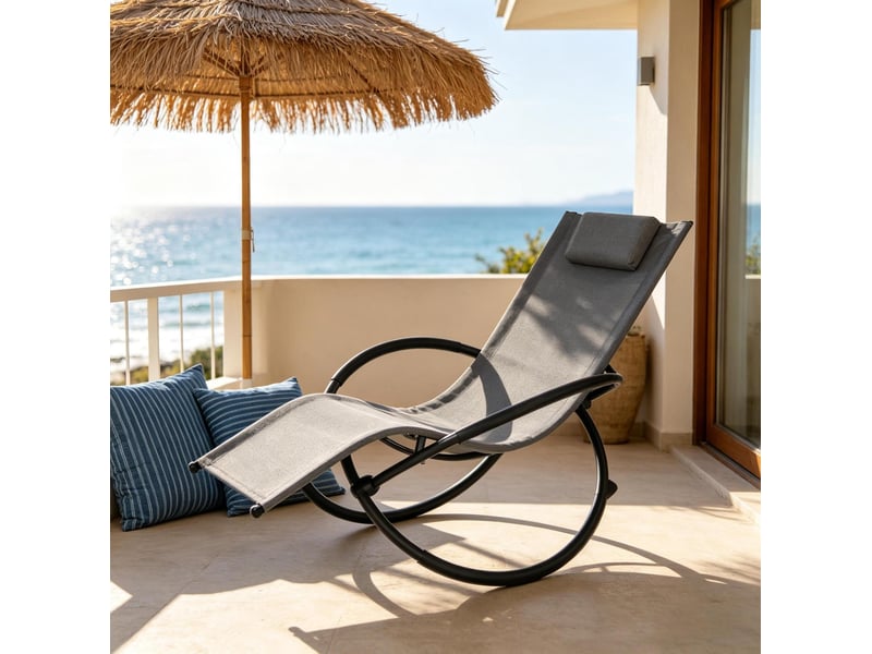  Chaise longue à bascule extérieure 143,5x66 cm – gris – coussins amovibles, accoudoirs rembourrés  - Conforama B