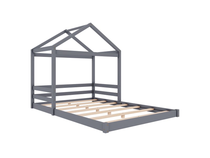  Lit enfant 140x200 cm, en forme de maison et avec lattes, en bois, gris, sans matelas  - Conforama E