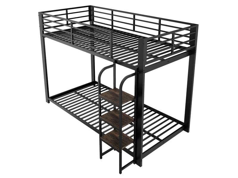  Lit superposé 90 x 200 cm en métal noir avec marches larges en bois et barrière haute  - Conforama R