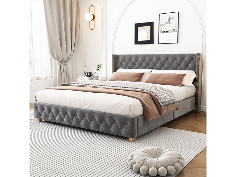  Lit capitonné 180x200 velours gris avec sommier à lattes et tête de lit  - Conforama D