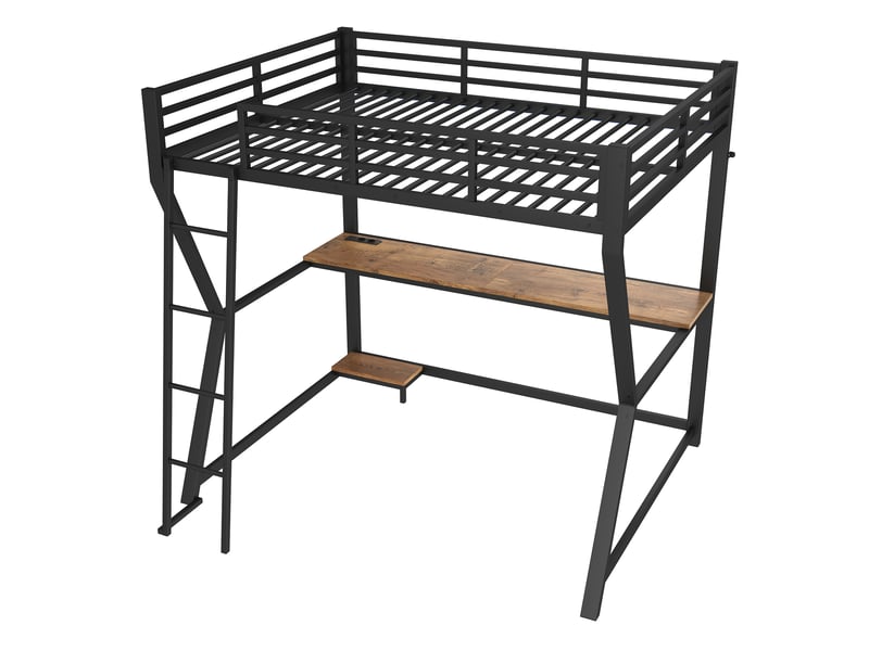  Lit mezzanine noir 140 × 200 cm, bureau, led, usb, prise et support pour console  - Conforama E