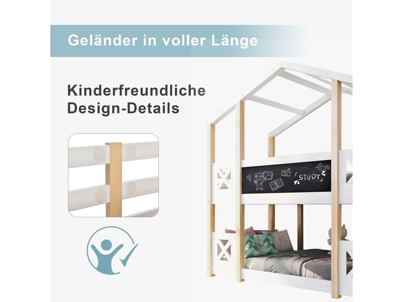  Lit superposé - 90x200cm - escalier rangement - lit superposé enfant - forme cabane, avec rambardes de sécurité, blanc  - Conforama E