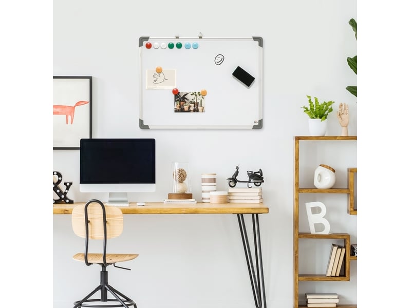  Tableau blanc magnétique 60x1,8x45 cm avec 4 marqueurs, 1 effaceur, 10 aimants, chevalet et montage mural, blanc  - Conforama B