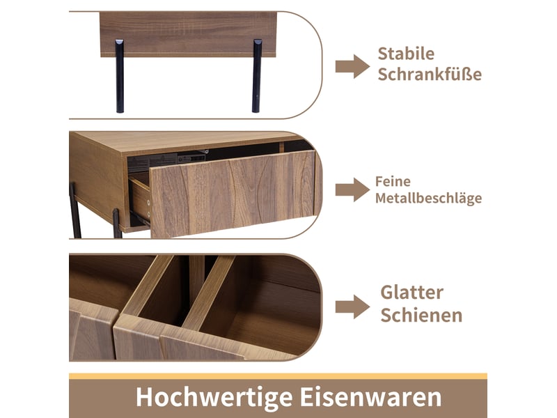  Table basse avec 2 tiroirs de rangement - lpospi - façades ondulées style rétro, pieds en métal, mdf et panneaux de particules naturel 105 × 55 × 41 cm  - Conforama E