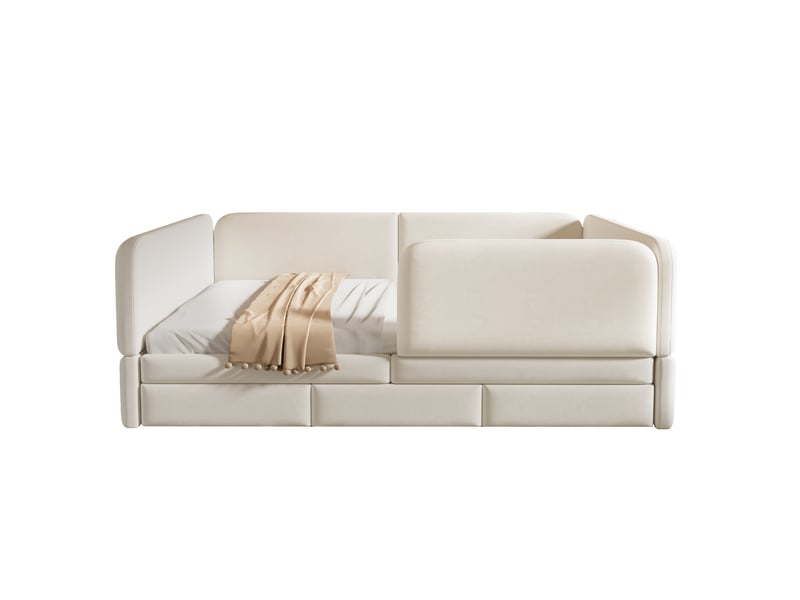 Lit enfant 140x200 cm beige en velours avec contours arrondis, 3 tiroirs et sécurité rembourrée - Conforama E