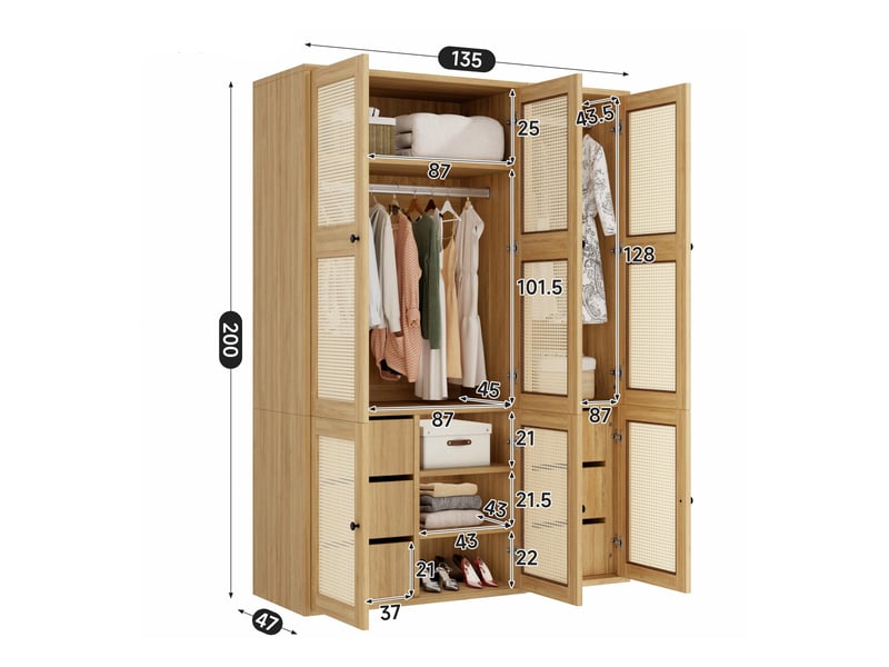 Armoire chambre 135x47x200 cm, penderie avec portes en rotin tressé et tiroirs, en mdf de style bohème chic, avec 6 tiroirs et 2 tringles, bois - Conforama E