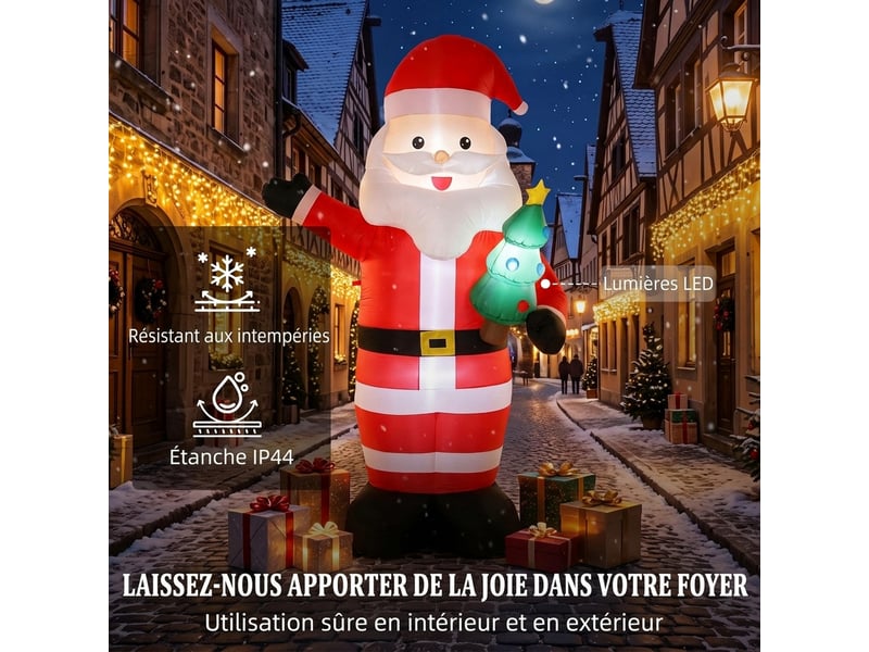  Père noël gonflable de 243 cm avec lumières led, matériel fixation et souffleur, intérieur et extérieur, rouge  - Conforama D