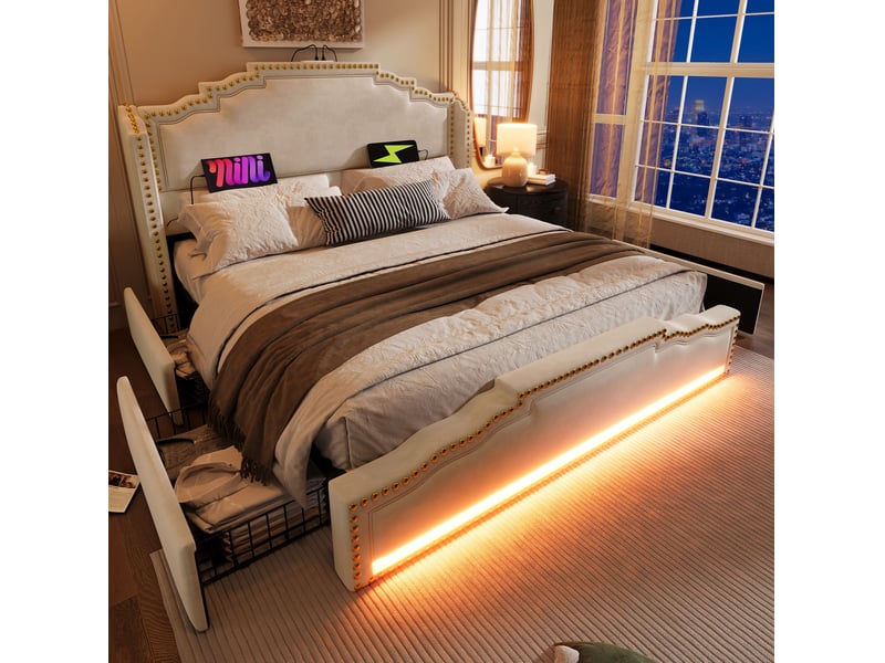 Lit double 160 x 200 cm avec 4 tiroirs, led, usb-c et matelas - beige  - Conforama C