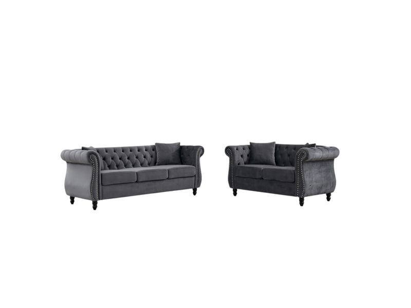  Canapé droit chesterfield en velours, capitonnage à boutons, clous argentés, bras recourbés, 5 places soit un canapé 3 places et un canapé 2 places, gris  - Conforama A