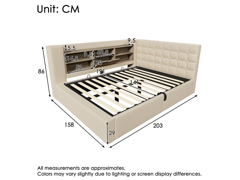  Lit 140x190 cm avec coffre hydraulique, tête en l réversible, rangements et led intégrés, lin beige, sans matelas  - Conforama C
