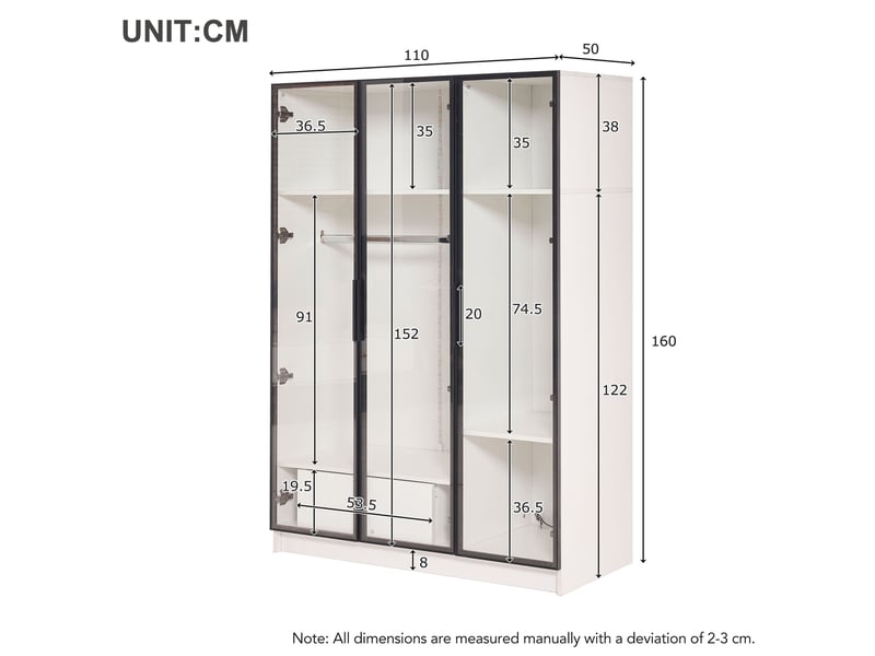  Armoire penderie 3 portes en verre 1 tiroir avec led blanc 110x50x160 cm 325239240241AAZ - Conforama C