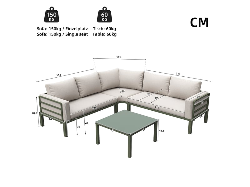  Canapé fauteuil salon extérieur table 4 5 places fer galvanisé verre trempé beige homvra  - Conforama E