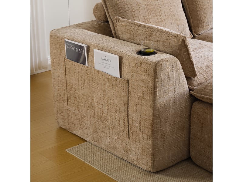  Canapé 3 places en chenille kaki avec pouf, coussins et porte-gobelets, 256x161x75 cm  - Conforama W