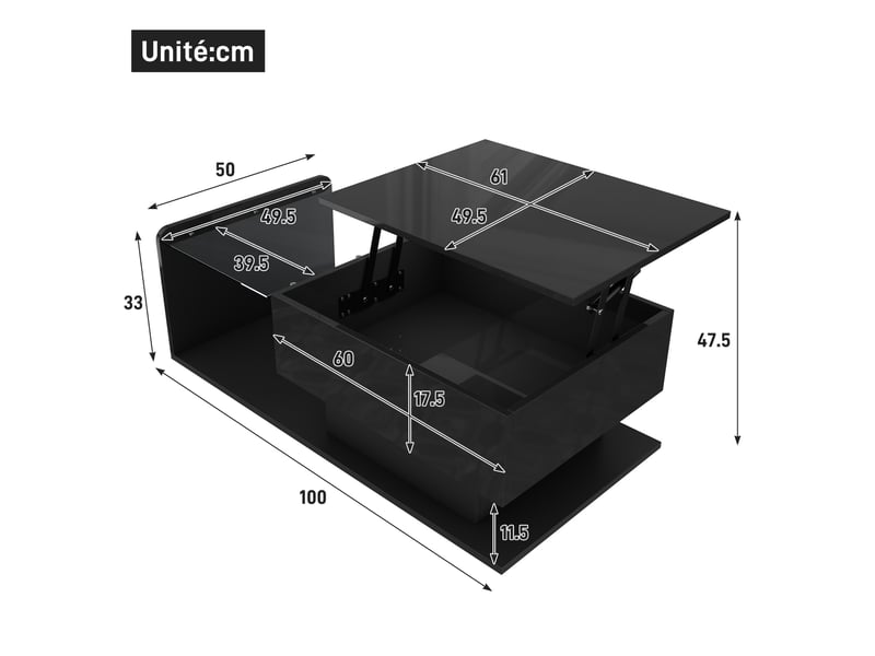  Table basse relevable avec espace ouvert et rangement caché et led, en panneaux de particules, noir 100 × 50 × 33 cm - uvrion  - Conforama E