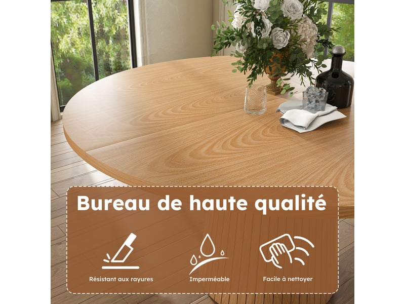  Table à manger ronde 110x110x75 cm, plateau mdf plaqué chêne, piètement colonne renforcé métal, 4 personnes, style campagne - chêne  - Conforama D