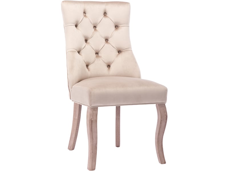  Lot de 6 chaises de salle à manger beige en velours, dossier haut capitonné, pieds en bois massif  - Conforama D