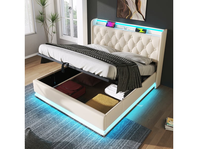  Lit coffre 140x190 cm, rangement hydraulique, éclairage led, usb et usb-c, tête de lit avec rangement pour chambre - blanc  - Conforama B
