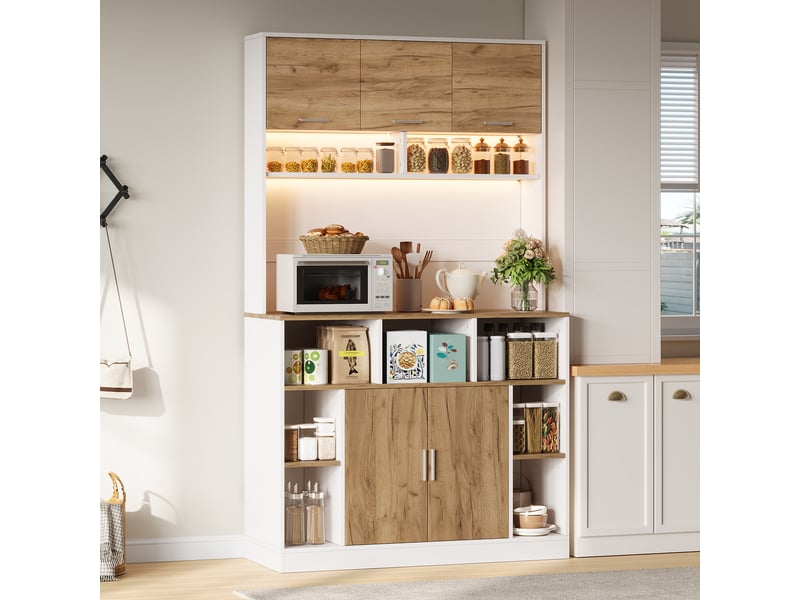  Armoire colonne cuisine 105x40x180 cm blanc bois avec led rgb, 5 portes, étagères réglables, vitrine de rangement pour cuisine et salon  - Conforama B