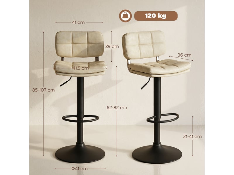  Lot de 2 tabourets de bar vintage capitonné - pivotant, réglable - repose-pied - revêtement synthétique crème  - Conforama E