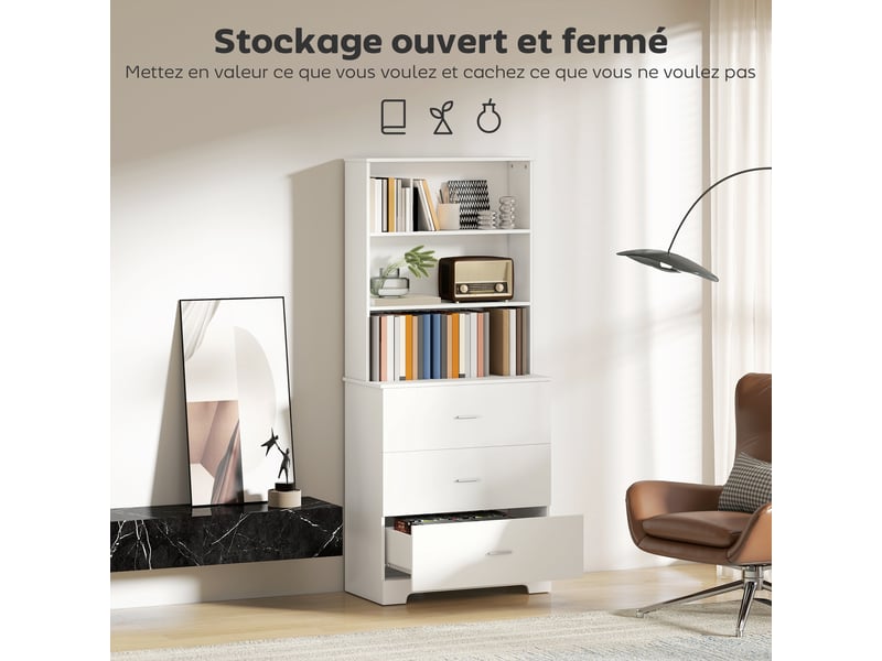  Bibliothèque à 6 niveaux, meuble de rangement avec 3 tiroirs et 3 étagères ouvertes, 79 x 39,5 x 182,2 cm, blanc  - Conforama E