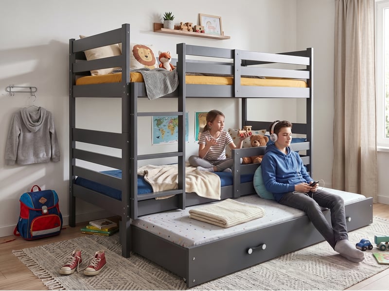  Lit superposé 3 places eric 90x200 cm + lit tiroir 80x190 cm interbeds - bois massif de pin - gris  - Conforama D