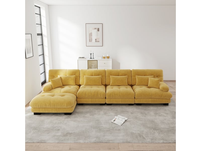  Canapé d'angle modulaire 4 places avec ottoman mobile, assise profonde et coussins, en chenille jaune  - Conforama C