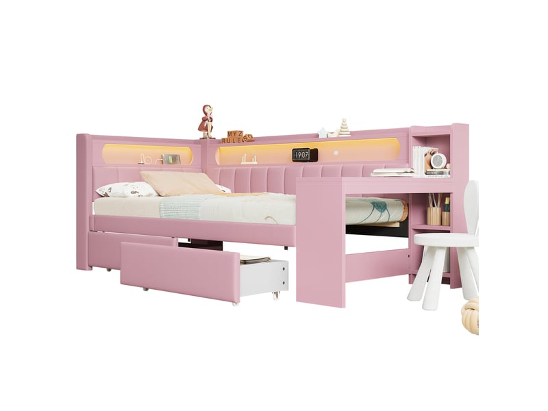  Lit de jour rembourré 90 x 200 cm avec led, usb, bureau et 2 tiroirs rose  - Conforama A
