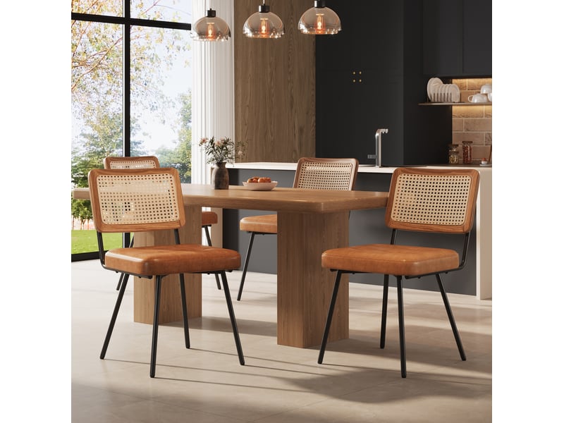  Lot de 4 chaises, marron, pu + métal, style raffiné, pieds fer réglables, dossier rotin pe  - Conforama B