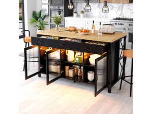 Îlot de cuisine rayofi 150 x 80 x 90 cm - 3 tiroirs, 3 portes vitrées, design industriel, led intégré, pieds réglables, noir