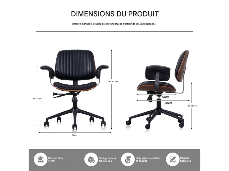  Fauteuil de bureau pivotant en cuir et métal noir 73x59x87 cm W5978P510454 - Conforama C