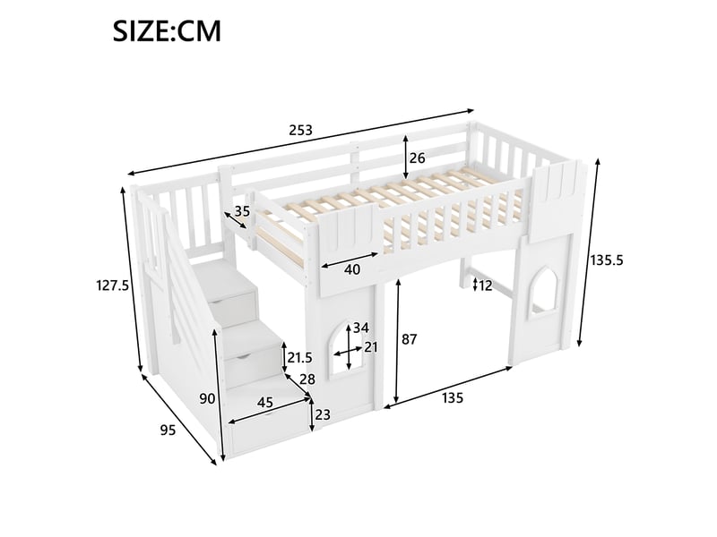  Lit mezzanine 90x200 cm blanc, avec escalier de rangement 3 compartiments, 2 fenêtres, garde-corps, sommier inclus, sans matelas  - Conforama C
