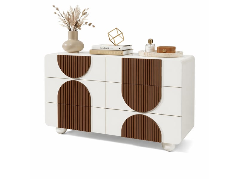  Commode 6 tiroirs 121x71x41 cm, style moderne, design courbé, mdf+bois, blanc, pour salon, meuble de salon  - Conforama A