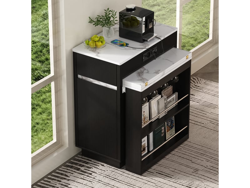  Ilot central de cuisine - 80,5x58x94cm - desserte extensible avec table, prises, led et roulettes - noir et bois  - Conforama C