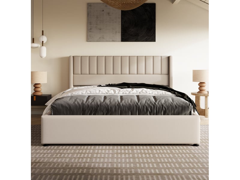  Lit coffre 2 places 180x200 cm  en lin coloris beige  - Conforama D