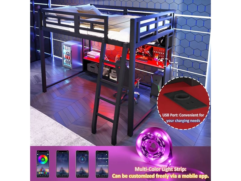 Lit mezzanine 140x200 avec bureau gaming et led intégrées noir - Conforama D