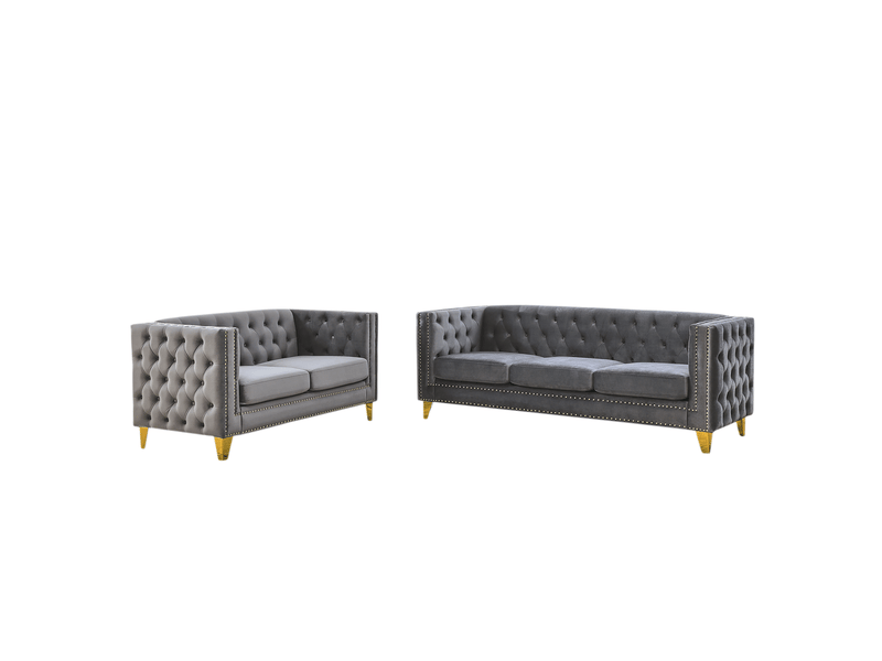  Canapé droit, coloris gris, matière mousse, ressorts, velours et bois, 5 places  - Conforama A