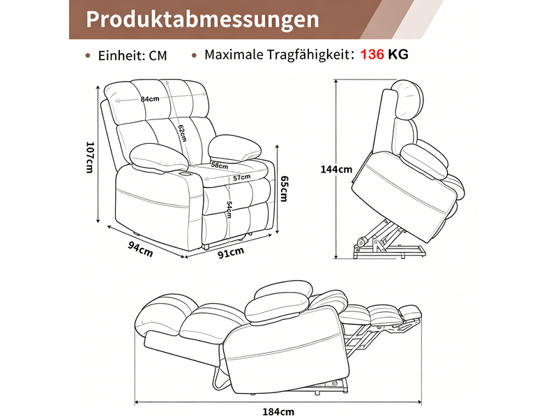  Fauteuil massant électrique avec double moteur, aide au relevage, chauffage et porte-gobelet, en tissu gris  - Conforama E