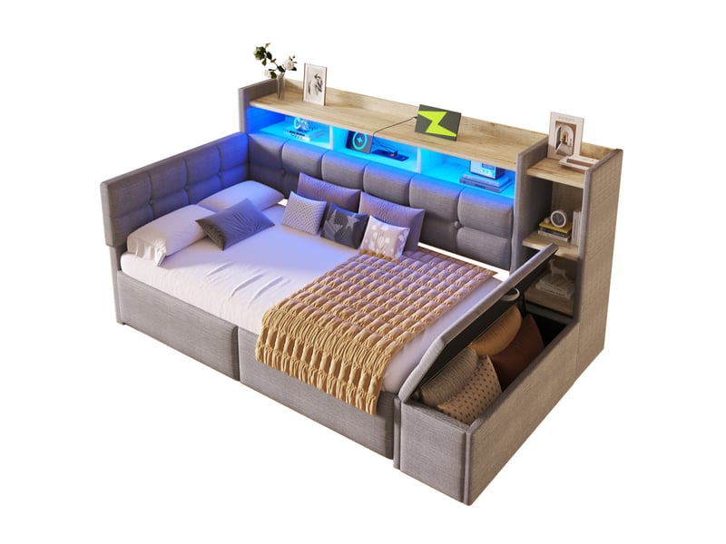  Lit simple 90x190 cm, 2 tiroirs, coffre, ports usb type-c et led, tissu en velours, couleur gris foncé, sans matelas  - Conforama A