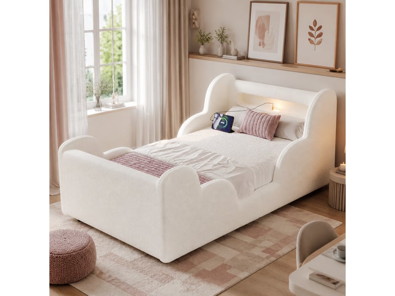  Lit enfant 90x200 cm avec barrières rembourrées, veilleuse et ports usb, bouclé beige  - Conforama B
