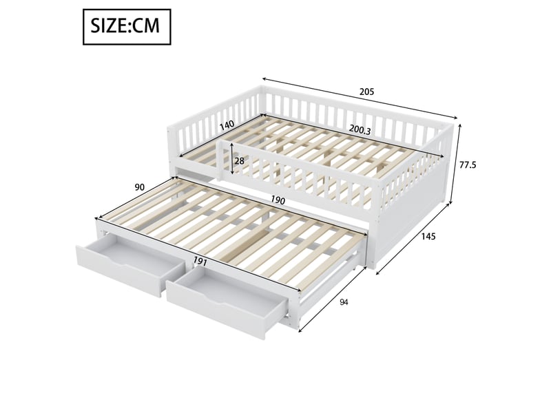  Couchage gigogne, 140x200 cm, avec garde corps intégral, 2 tiroirs pratiques, matelas non inclus, bois, coloris blanc  - Conforama C