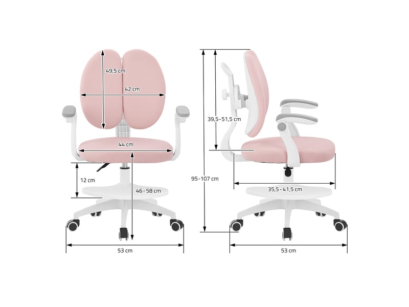  Ml-design chaise de bureau pour enfant 95-107 cm rose avec dossier divisé et repose-pieds siége d'étude ergonomique pivotant 360° hauteur réglable accoudoirs rabattables tissu respirant confortable  - Conforama E