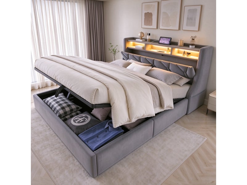 Lit coffre hydraulique 160x200 cm en velours, tête de lit rabattable avec rangement, LED, prise USB et Type-C, pieds élargis - Gris - Conforama D