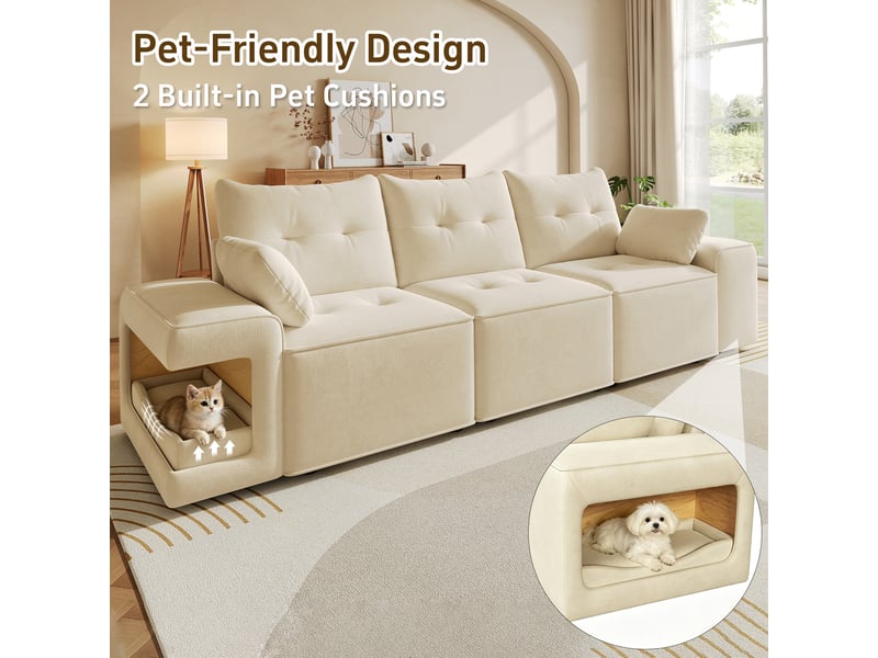 Canapé modulable 3 places 229,5 x 78 x 84 cm avec rangement intégré, espace , larges accoudoirs, dossier design oreilles de chat, tissu velours - beige - Conforama E